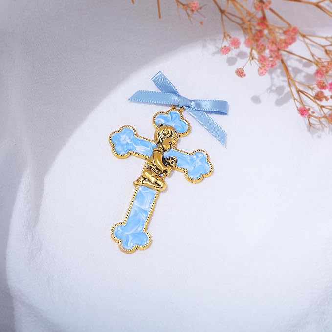 KOMI Baptism Gifts for Boys Blue Enamel Baby Wall Cross Christening Gifts Praying Boy Cross Christening and Dedication Baptismal Gifts from Godmother