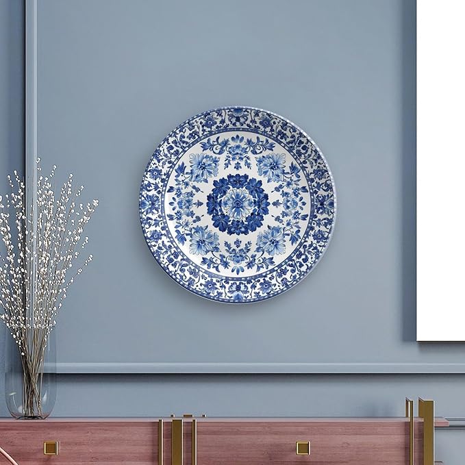Blue Ceramic Decorative Plate, Chinese Style Decorative Dish with Stand, Blue and White Pottery Bone China Decorative Plates Art Porcelain Plate for Living Room Hallway Table Decor