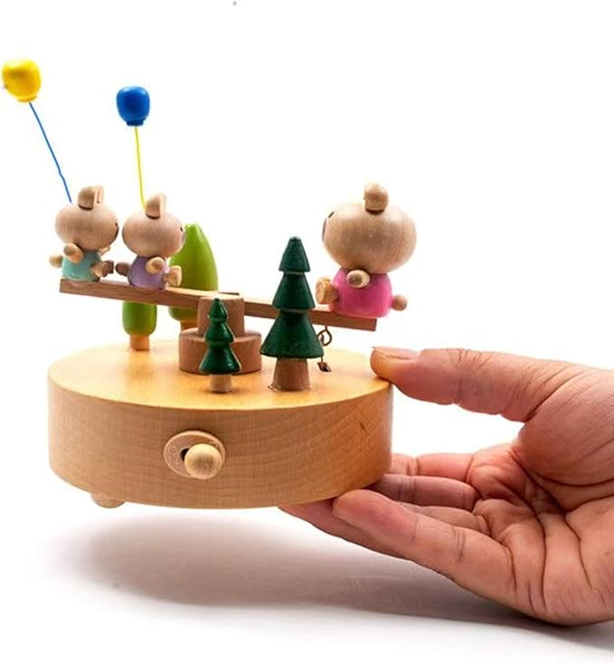 Natural Solid Wood Handcrafted Beech Wooden, Musical FigureTotoro/Carousel/Fairy/Ballerina Figurine,Rotating Hand Crank Mechanism Music Box,Musical Decorations (Seesaw)