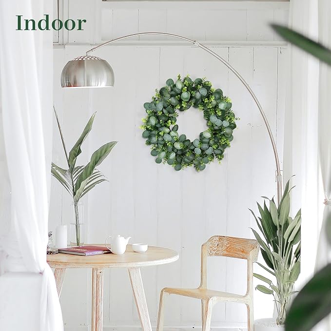 22Inch Eucalyptus Wreath for Front Door, Eucalyptus Wreath with Boxwood Leaves for All Seasons Christmas Spring Summer Year Round Wreaths for Front Door Indoor Outdoor Wedding Holiday
