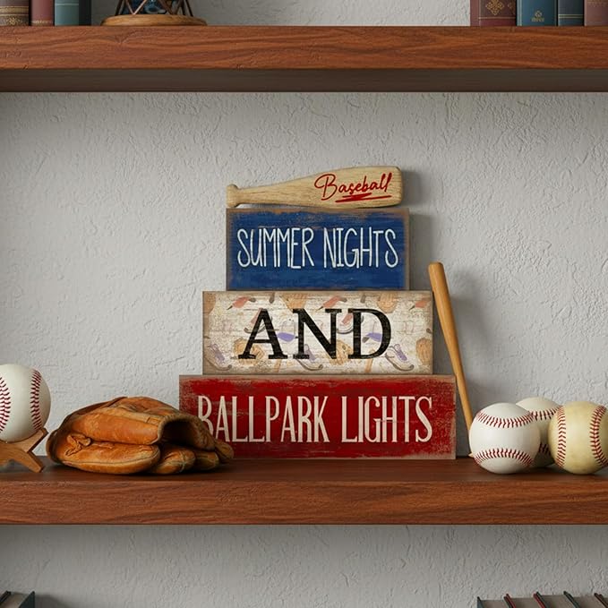 Lineshading 4 Pcs Baseball Decorations Stacked Wooden Blocks Signs with Bat Topper, Summer Nights Ballpark Lights Decor - Baseball Table Decor Ideal Gift for Fans Boys Room Party Coffee Shelf