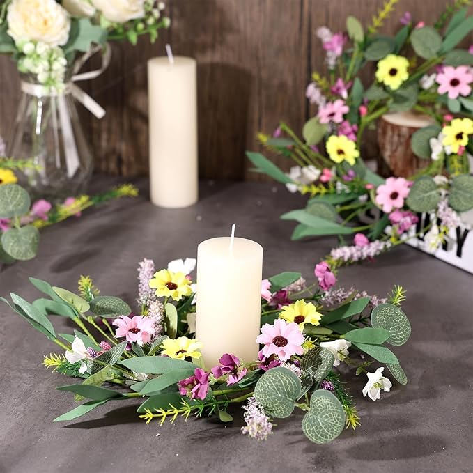 12 Pcs 3inch Spring Summer Artificial Flowered Wreath Mini Floral Wedding Candle Rings Wreaths Kitchen Cabinet Swags Wreath Pillar Candle Holder for Wedding Spring Summer Home Door Tabletop Decoration