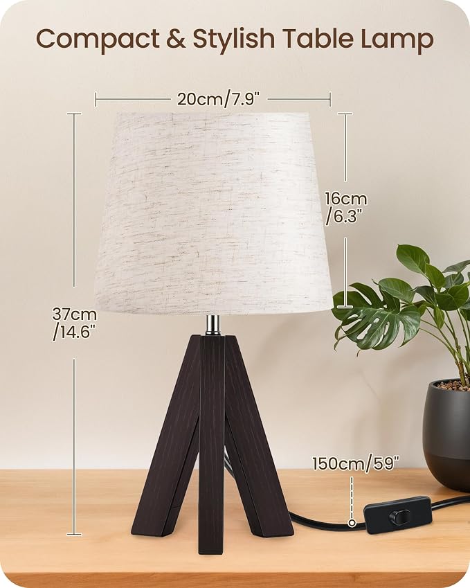 Tripod Table Lamp, 14.6 Inch Small Bedside Lamp with Beige Linen Shade & Dark Walnut Base, Modern Nightstand Lamp for Bedroom, Kids Room, Living Room, Nursery, Office, E26 Socket, VE51TL05