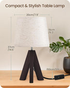 Tripod Table Lamp, 14.6 Inch Small Bedside Lamp with Beige Linen Shade & Dark Walnut Base, Modern Nightstand Lamp for Bedroom, Kids Room, Living Room, Nursery, Office, E26 Socket, VE51TL05