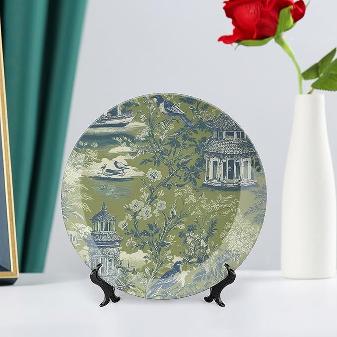 Pagoda Garden Imperial Green Plates Ceramic of 6", 7", 9", 10", Customize Asian Green Chinoiserie Ceramic Craft for Decorative Ornaments, Wall Farmhouse Decorations Wedding, Unique Art with Stand