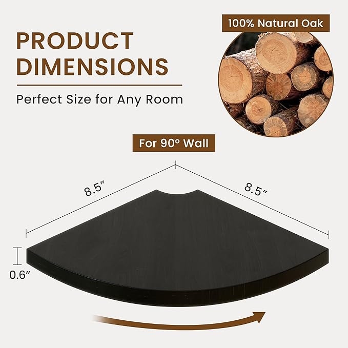 Fun Memories Corner Shelf Wall Mount, Solid Oak Wood Floating Corner Shelves with Cable Hole, 8.5in Rustic Design for Bedroom, Bathroom, Kitchen, Living Room (Black, 1 Pack)