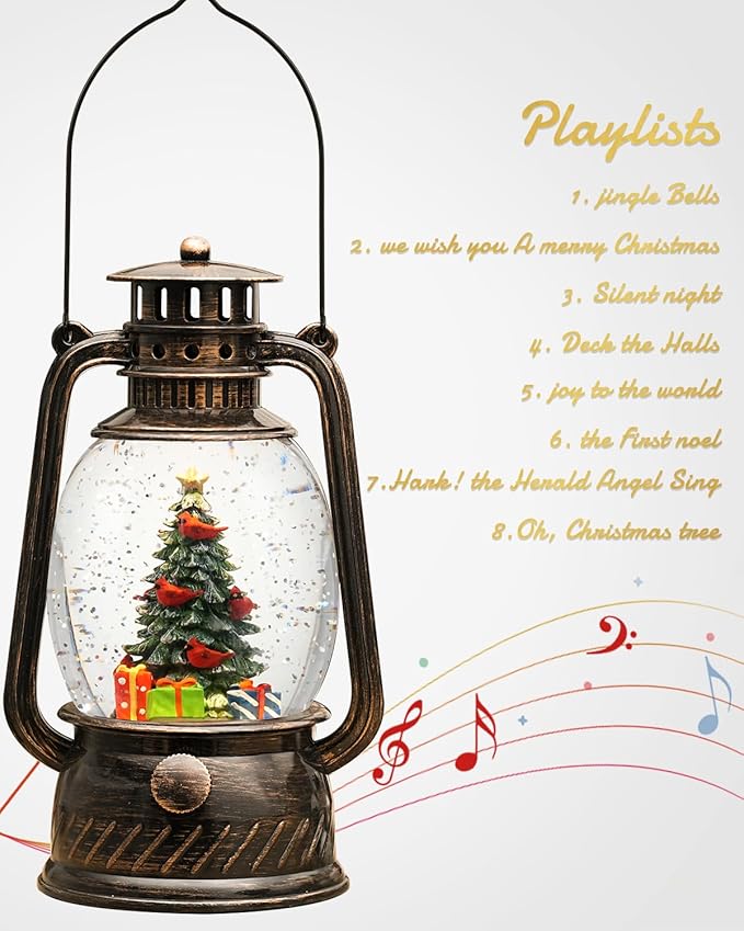 Snow Globe Christmas Decorations, Musical Christmas Snow Globes Glitter Tree Lantern Light Up 6H Time USB Lined/Battery Festival Snow Globes for Adults