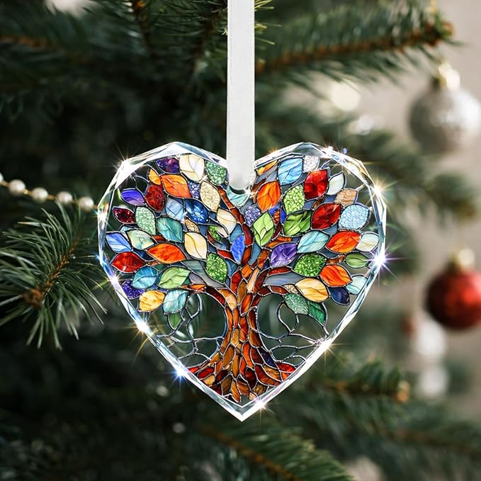 Tree of Life Stained Glass Ornament Christmas Tree Decorations Heart Shape Crystal Ornaments Holiday Presents Idea Car Hanging Ornaments Unique Keepsale for Mom Wife Friend Sister