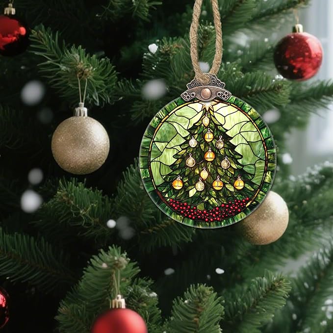 DASTOLL Stained Glass Christmas Decorations, Golden Bell Red Berries Suncatcher for Window Christmas Tree Hanging Ornaments Green Sun Catcher Xmas Decor Gifts for Women Men Mom Nana Friend