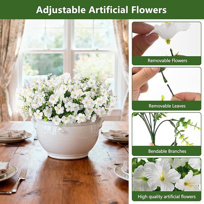 INQCMY Artificial Fake Plants Flowers for Outdoor Spring Decoration,12 Bundles Faux Silk Morning Glory Flowers for Outside UV Resistant Realistic Fake Plants for Planter Porch Patio Balcony Yard Decor
