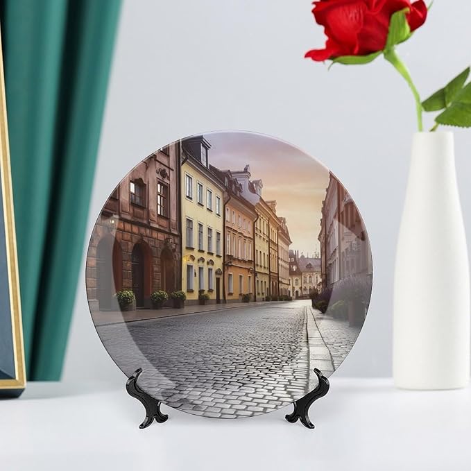 Poland's Historic Center Street Bone China Decorative Plate for Home Decor, Round Ceramic Decorative Dish with Stand Hook, Wall Hanging Ornament Plates for Office, Porcelain Plates 8inch