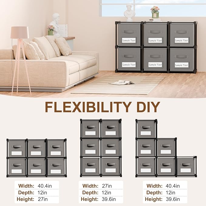 Geelin 6 Cube Storage Organizer with Fabric Bins and Labels 11 Inch, Fabric Collapsible Cubby Clothes Storage Drawer Dresser for Bedroom Living Room Office Organization