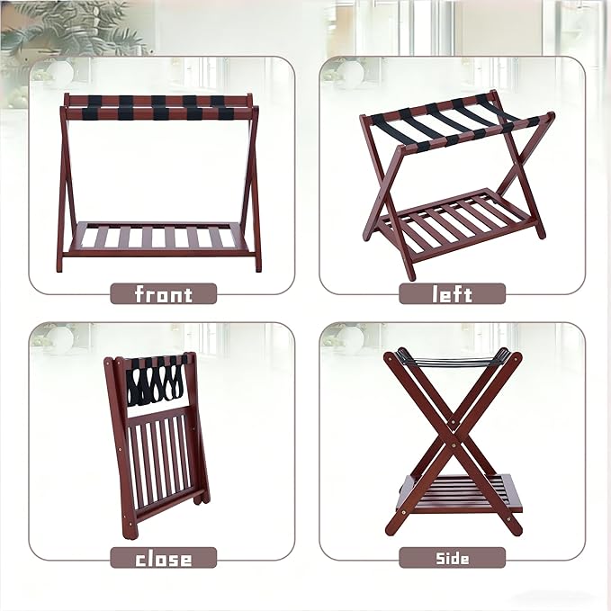 Full Assembled Luggage Rack with 3-Layer Lacquer, Heavy-Duty Up to 150 lbs, Folding Suitcase Stand with Storage Shelf for Home, Guest Room, Bedroom, Hotel