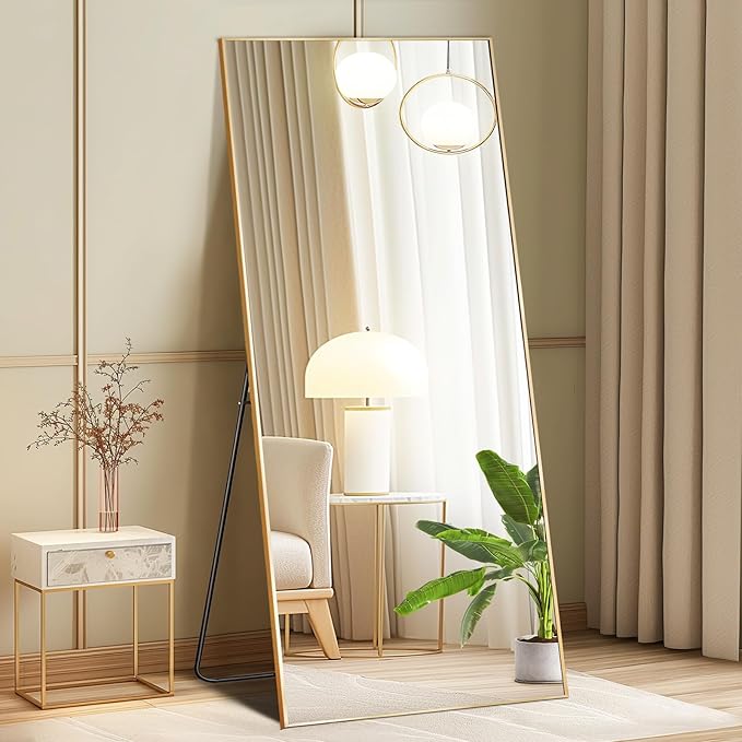 DUMOS 21"x56" Full Length Mirror with Stand, Floor Standing Aluminum Frame, Shatter-Proof Nano Glass for Bedroom, Living Room, Cloakroom – Modern Simple Home Decor,Can Be Hanging or Leaning, Gold
