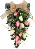 belupai 22in Pink Tulips Teardrop Swag, Decorative Floral Swag with Lily of The Valley Flower and Greenery Leaves, Spring Summer Tulips Swag for Indoor Outdoor Window Decor(Multicolor)