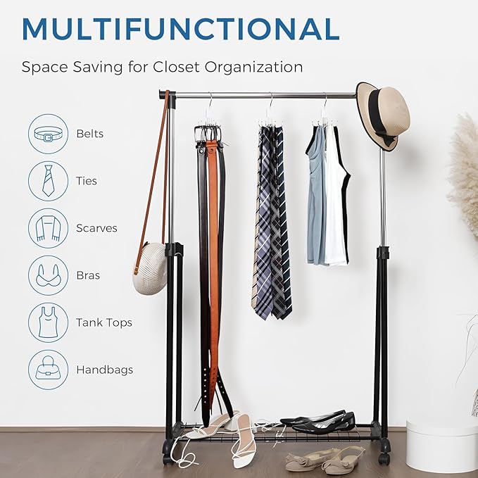 Belt Rack Hanger, Belt Hanger Organizer for Closet 360° Rotatable Max 24 Ties/24 Belts Storage Space Saving Closet Organizers and Storage for Belt, Bra, Tank Top, Tie, Scarf, Purse 2Pcs White