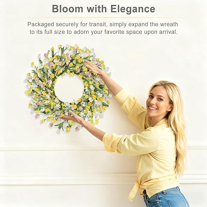 Artgar Front Door Wreath 24 Inch Spring/Summer Wreaths for Front Door, Front Door Wreaths for All Seasons for Indoor Outdoor Home Office Wall Window Wedding Farmhouse Holiday Decor (Yellow)
