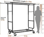 Raybee Clothes Rack Load 630LBS, Heavy Duty Clothes Rack, Rolling Clothing Racks for Hanging Clothes with Wheels, Adjustable & Commercial Garment Rack, 22" D x 75" W x 68" H, Black