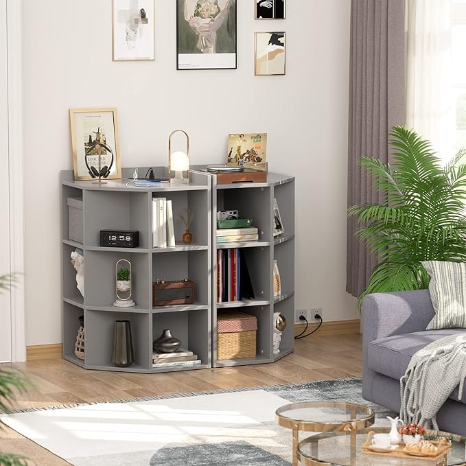 Aheaplus Corner Cabinet, Corner Storage with USB Ports and Outlets, Corners Cube Toy Storage for Small Space, Wooden Corners Cubby Bookshelf with 9 Cubes for Playroom, Bedroom, Living Room, Grey