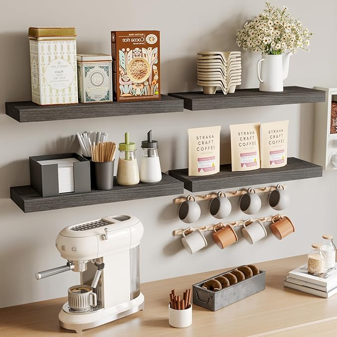Fixwal 15.7in Floating Shelves, Rustic Wood Finish Wall Shelves Set of 4, Shelves for Wall Decor, with Invisible Brackets for Bathroom, Living Room,Bedroom and Kitchen(Gray)