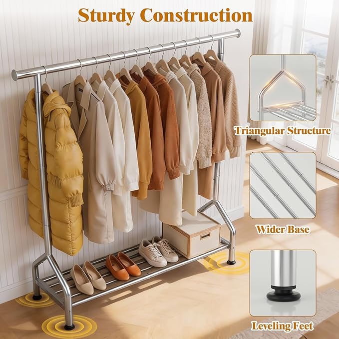 EAGMAK Sturdy Clothing Racks for Hanging Clothes – Metal Clothes Rack with Shelf, Portable Garment Rack for Closet Storage, Laundry Drying & Small Space Clothes Organization, Silver