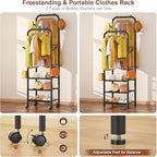 Furologee Clothing Racks for Hanging Clothes, Portable Rolling Garment Rack, Sturdy Metal Freestanding Clothes Rack with Wheels, Double Rods Wardrobe Racks for Bedroom Laundry Living Room