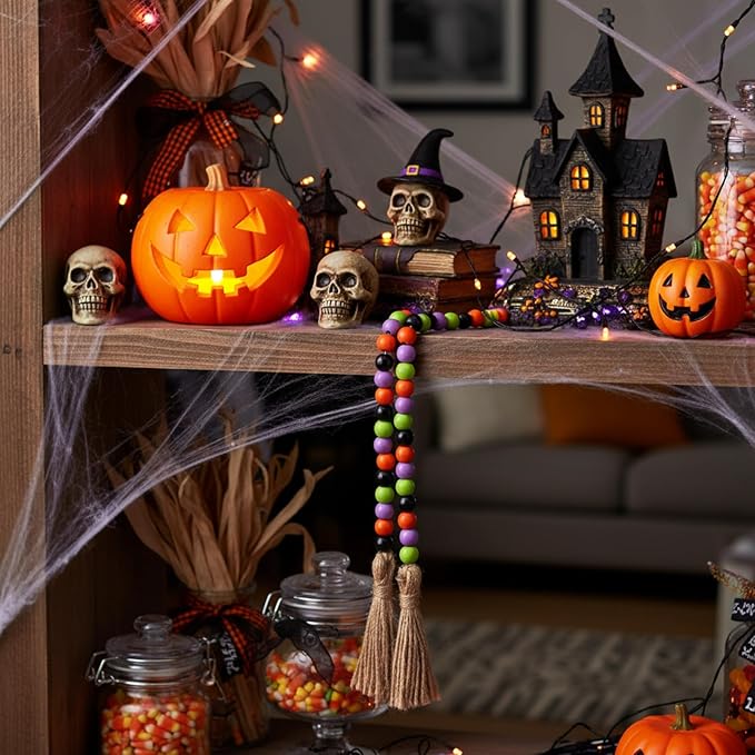 Equsion Seasonal Wooden Bead Garland with Tassels, 3.3 ft Holiday Vintage Boho Bead Garland Easter Tray Decoration, Vase Wall Room Art Birthday Party Decoration(Halloween Colors)