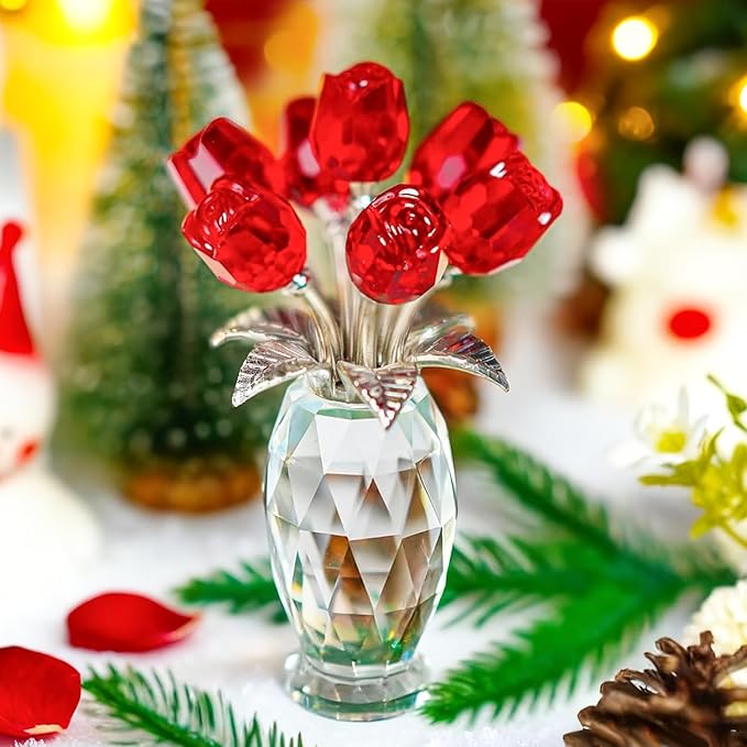 H&D HYALINE & DORA Crystal Rose Flower Figurine,Glass Flower Bouquet Ornament,Glass Rose Gift for Christmas Mother's Day Valentine's Wedding Party