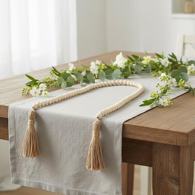 Equsion Seasonal Wooden Bead Garland with Tassels, 3.3 ft Holiday Vintage Boho Bead Garland Easter Tray Decoration, Vase Wall Room Art Birthday Party Decoration(Beige)