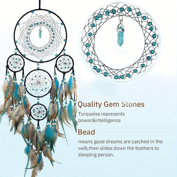 Bohemian 5 Rings Turquoise Dream Catchers with Turquoise Pendant Handmade Native American Style Wall Hanging Decor for Bedroom, Living Room, Boho Home Decor & Gift(Black 5 Rings)