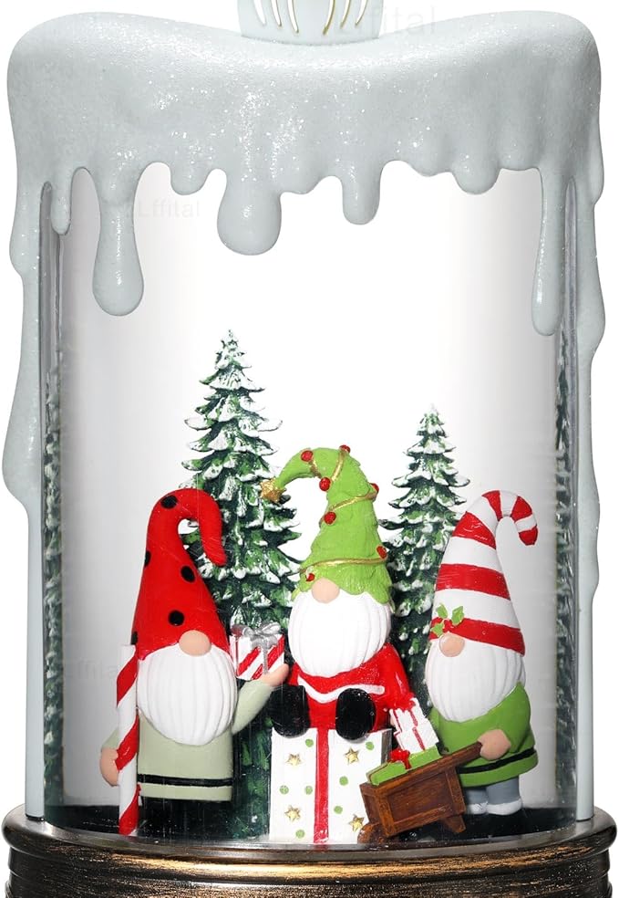 Christmas Snow Globe Gnome Snow Globe Lantern, Light Up Christmas Decorations for Home Musical Lantern Candle Shaped with Timer, Home Decor Festival Gife, USB & Battery Operated 10 Inch