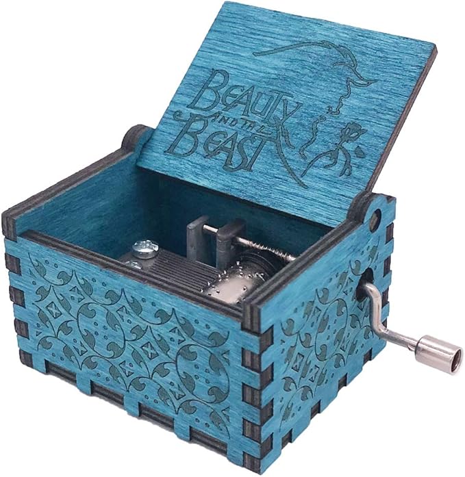 Youtang Beauty and The Beast Music Box Hand Crank Musical Box Carved Wooden,Play Beauty and The Beast Theme,Blue