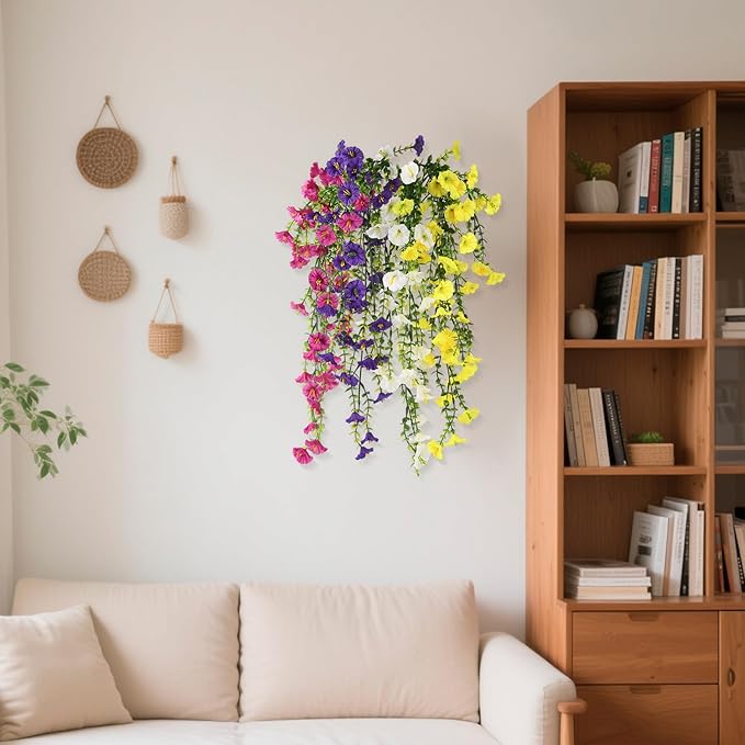 Homsunny Artificial Fake Hanging Flowers Plants Baskets for Outdoor Spring Decoration, Faux Morning Glory Silk Flower for Outside Realise UV Resistant Patio Yard Balcony Porch Home Decor (Mixed 2)