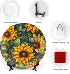Decorative Plates, Autumn Flowers Stained Glass Design Ceramic Dinner Plate Home Wobble-Plate with Display Stand, Wall Hanging Decor for Kitchen Household 6 Inch, Gifts for Sunflower Lover