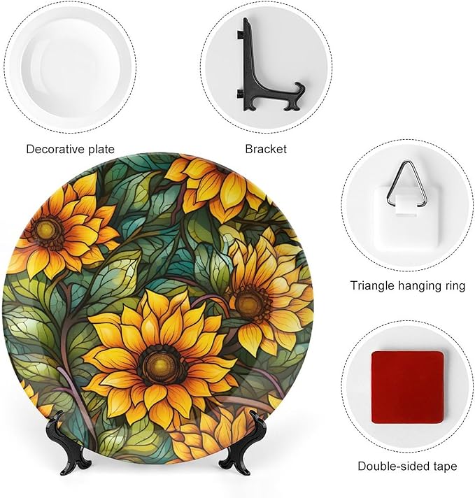Decorative Plates, Autumn Flowers Stained Glass Design Ceramic Dinner Plate Home Wobble-Plate with Display Stand, Wall Hanging Decor for Kitchen Household 6 Inch, Gifts for Sunflower Lover