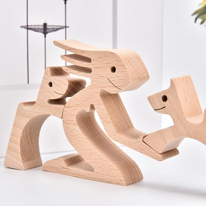 ISHINE Wood Decor Wooden Statue Man and Dog Figurine Handmade Carved Creative Home Office Gift for Men Women Accents Decoration Natural ECO Friendly 7x3 inches (Woman & Dogs Embrace)