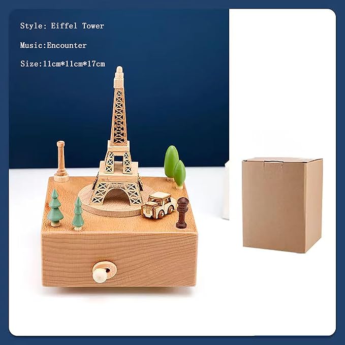 Natural Solid Wood Handcrafted Beech Wooden, Musical FigureTotoro/Carousel/Fairy/Ballerina Figurine,Rotating Hand Crank Mechanism Music Box,Musical Decorations (Eiffel Tower)