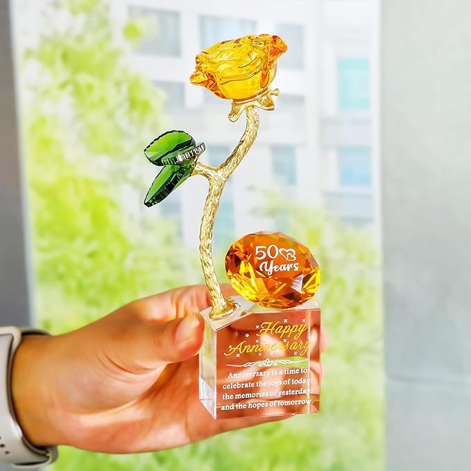 YWHL 50th Wedding Anniversary Rose Gifts for Parents Grandparents, 50 Years Happy for Couples, Crystal Rose Figurine with Amber Diamond, Romantic Valentines Day Present for Wife