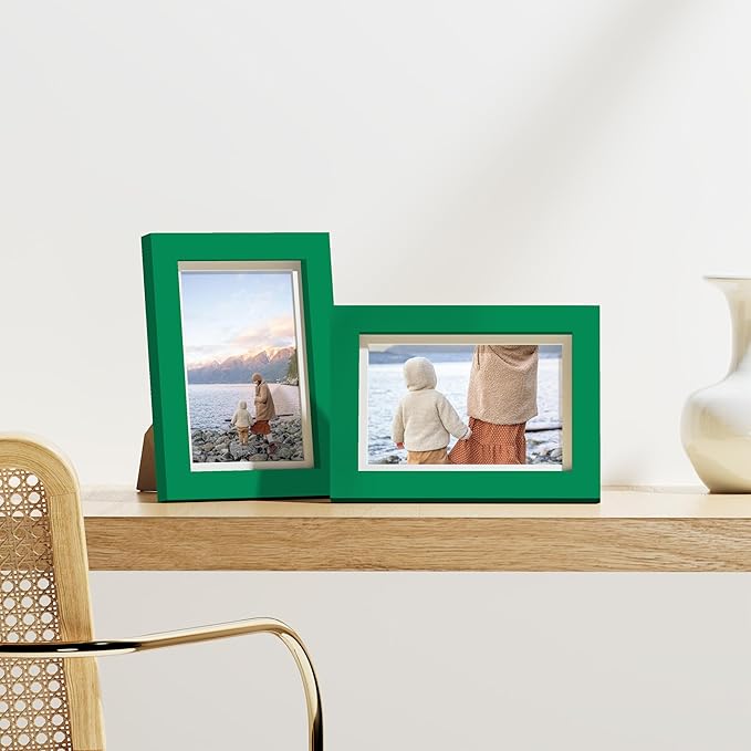 Vittanly 4x6 Picture Frames Set of 9, Shatter Resistant Plexiglass, Display 3.5x5 Pictures with Mat or 4x6 without Mat, Photo Frames for Wall or Tabletop, Engineered Wood, Green