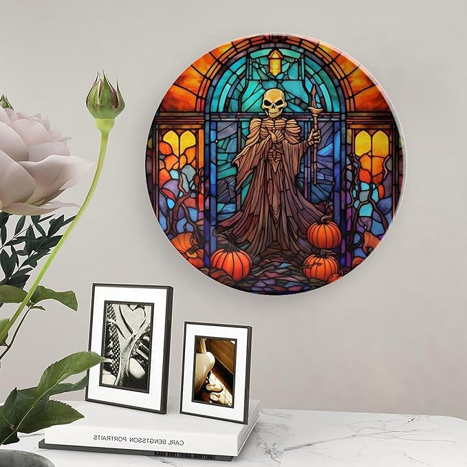 Decorative Plates, Halloween Spooky Stained Glass Design Display Plate for Home Office Kitchen Table Decor Porcelain Plates 8 Inch, Gifts for Halloween