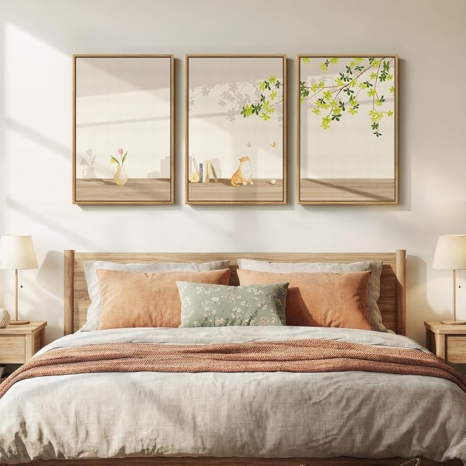 Framed Modern Neutral Wall Art for Living Room, 3 Piece Nature Summer Cozy Canvas Prints Painting, Minimalist Farmhouse Cat Botanical Peaceful Wall Decor for Bedroom Dining Room Office, 16x24 Inch