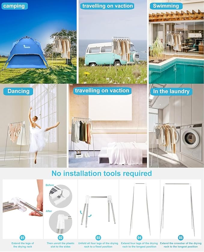 Travel Garment Rack, Stainless Steel Portable Clothes Rack Collapsible, Folding Clothes Rack for Indoor & Outdoor, Portable Clothes Airer for Travel