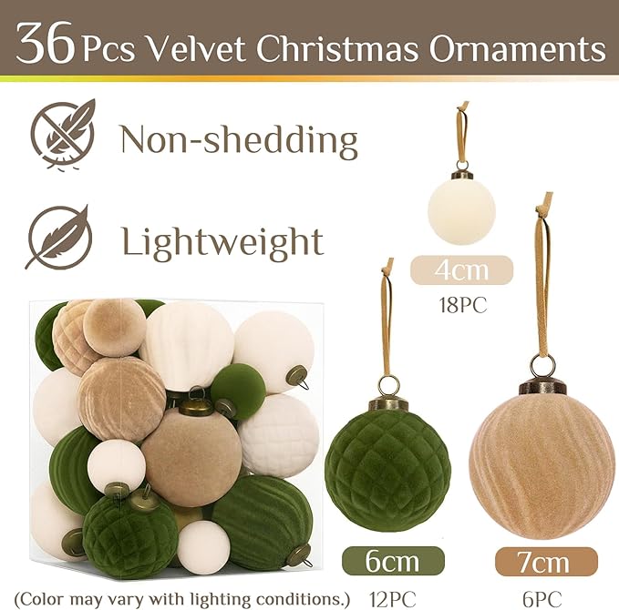 XmasExp 36PCS Velvet Christmas Ornaments Set Mixed Flocked Balls Ornaments Shatterproof Christmas Tree Decorations for Holiday,Party,Home（Mixed）
