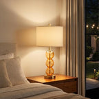 Oneach 25" Amber Glass Table Lamps for Living Room, Glass Modern Table Lamp Set of 2, USB Charging Ports, Linen Shade, Bedside Lamps for Bedroom, Nightstand, Side Table (Bulbs not Included)