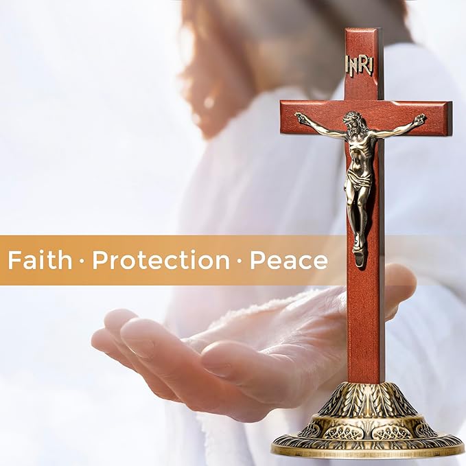 ACHIBANG 12" Crucifix Wall Cross with Stand – Catholic Wooden Standing and Hanging Jesus Cross with INRI for Home or Prayer Room