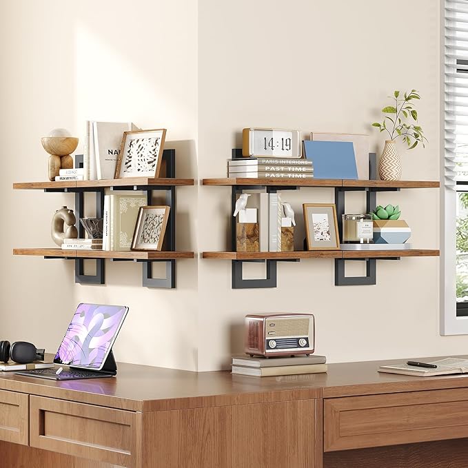 HOOBRO Floating Shelves, 15 Inch Wall Shelf Set of 4, Wall Mounted Storage Shelves 2-Tier, Hanging Bathroom Shelves, for Living Room, Bedroom, Bathroom, Kitchen, Rustic Brown and Black BF32BJP401