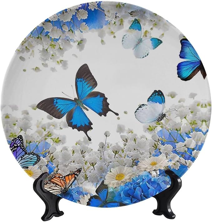 Decorative Plate Stand, 10 Inch, Flower Butterfly Round Display Plate, Table Top Plate Decor with Stand, for Kitchen Living Room Office Countertop Decor