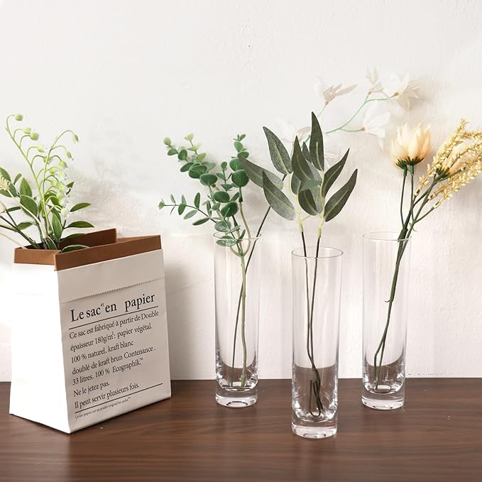 Fixwal 15 Pack Glass Cylinder Bud Flower Vases for Centerpieces Clear Small Glass Vases for Wedding Decorations,Handmade Clear Glass Vases for Party Decor,Cylinder Vases in Bulk for Home Decor