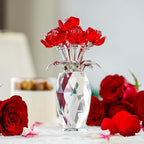 Red Crystal Rose Flower Figurine with Base,Glass Flower Bouquet Gifts for Women Girlfriend Wife,Handmade Crystal Flower Collectible Home Table Decor for Christmas Day Wedding Anniversary