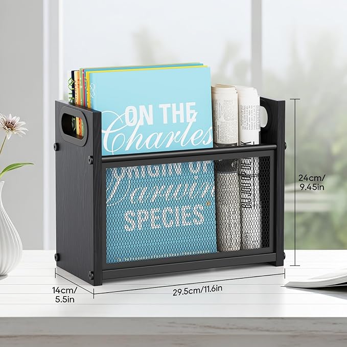Black Magazine Holder, Wood Magazine Rack Floor, Mesh Magazine File Holder, Magazine Storage Basket, Magazine Holders for Classroom, Magazine Stand for Desk, Folder Organizer Bin for Books